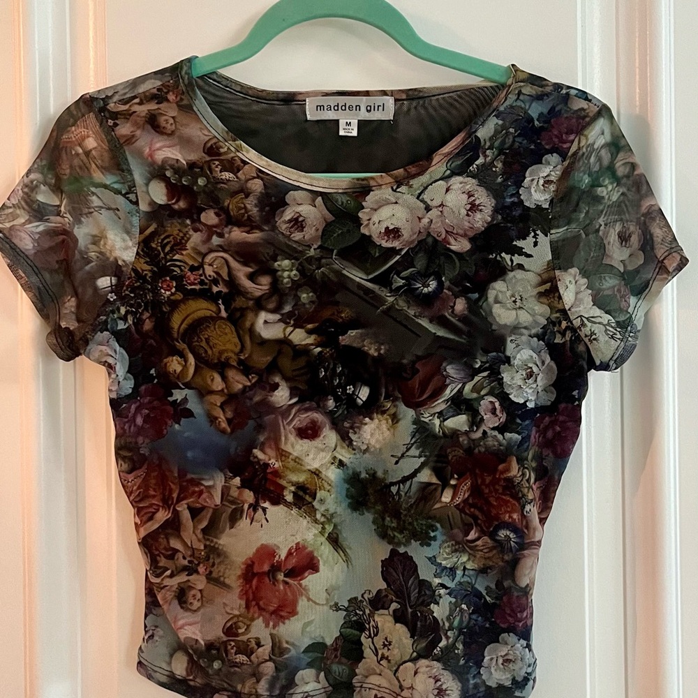 Madden Girl Floral Mesh Short Sleeve Top - Black Multi